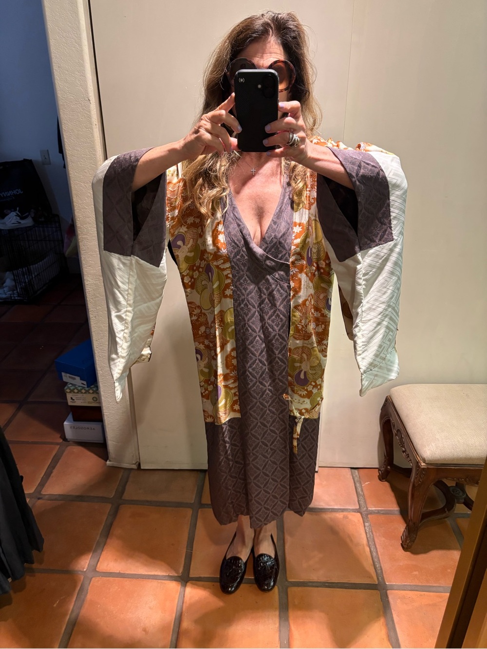 Vintage Brown & Cream Kimono Sleeve Coat Vintage Kimono